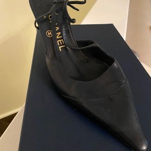 CHANEL Navy Adjustable Sling Back Pump.